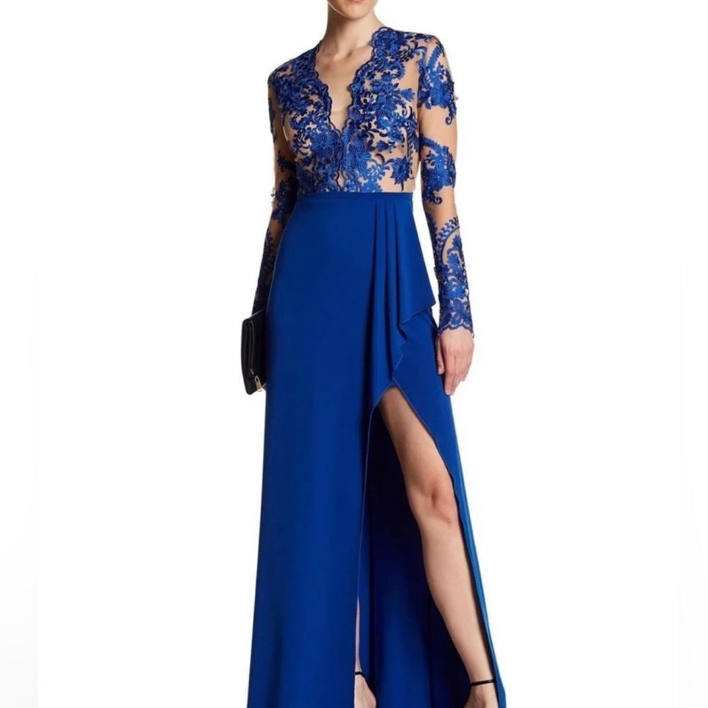 Nicole Bakti Long Sleeve Blue Lace Gown Size XS